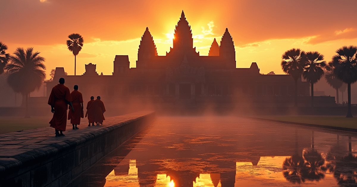 Templo de Angkor Wat al amanecer reflejado en el estanque de lotos