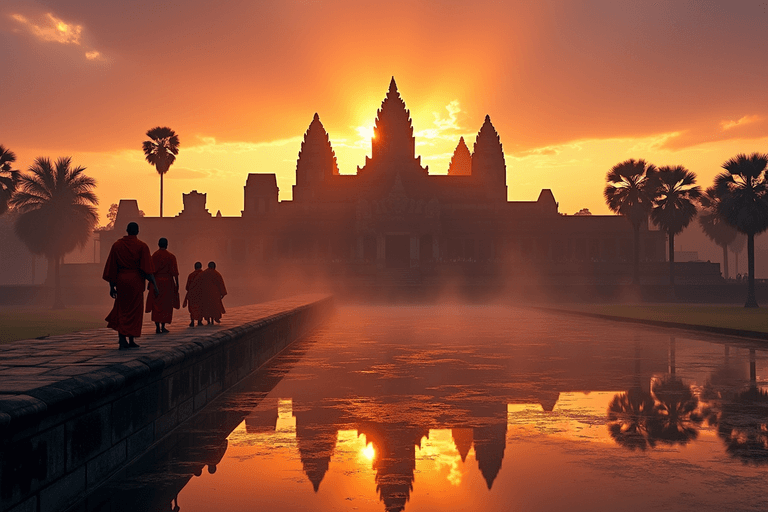 Templo de Angkor Wat al amanecer reflejado en el estanque de lotos