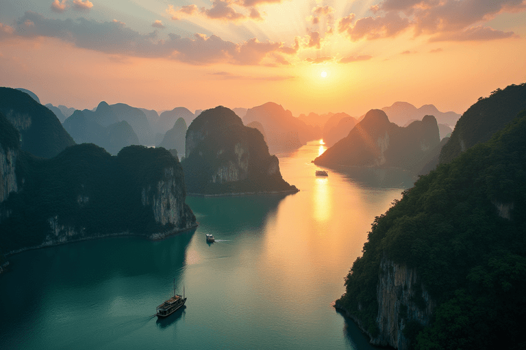 Bahía de Halong vista panorámica con formaciones kársticas al atardecer