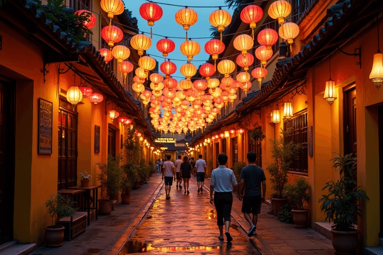Linternas tradicionales iluminando las calles del casco antiguo de Hoi An