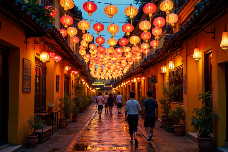 Linternas tradicionales iluminando las calles del casco antiguo de Hoi An