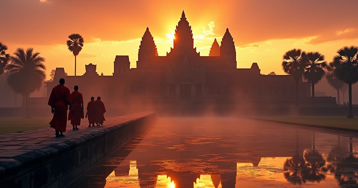 Templo de Angkor Wat al amanecer reflejado en el estanque de lotos