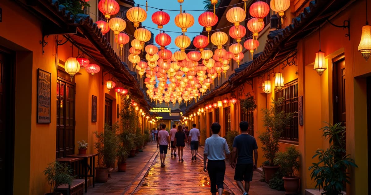 Linternas tradicionales iluminando las calles del casco antiguo de Hoi An