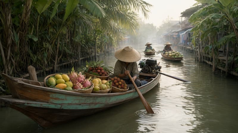 Barca tradicional en el canal del mercado flotante Damnoen Saduak