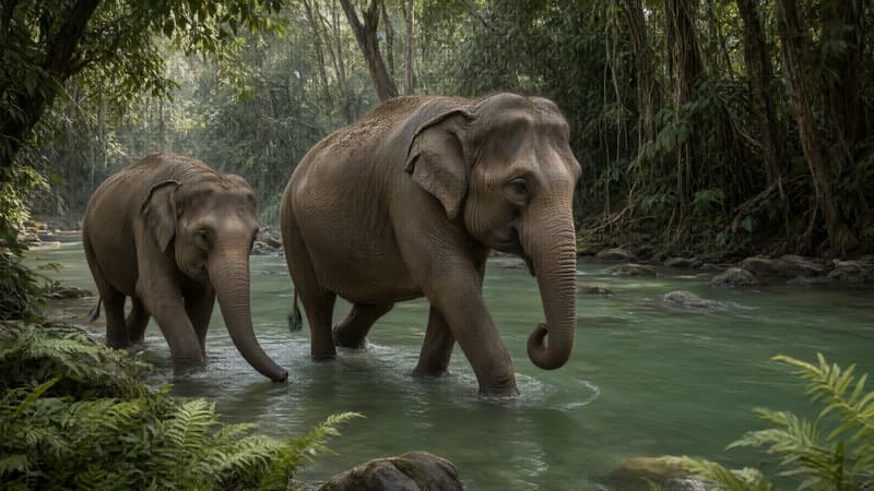 Elefantes rescatados cruzando el río en un santuario ético de Chiang Mai