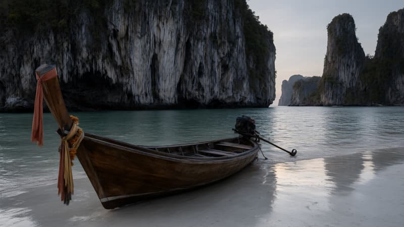 Playa de Krabi al anochecer con acantilados de caliza y longtail boat